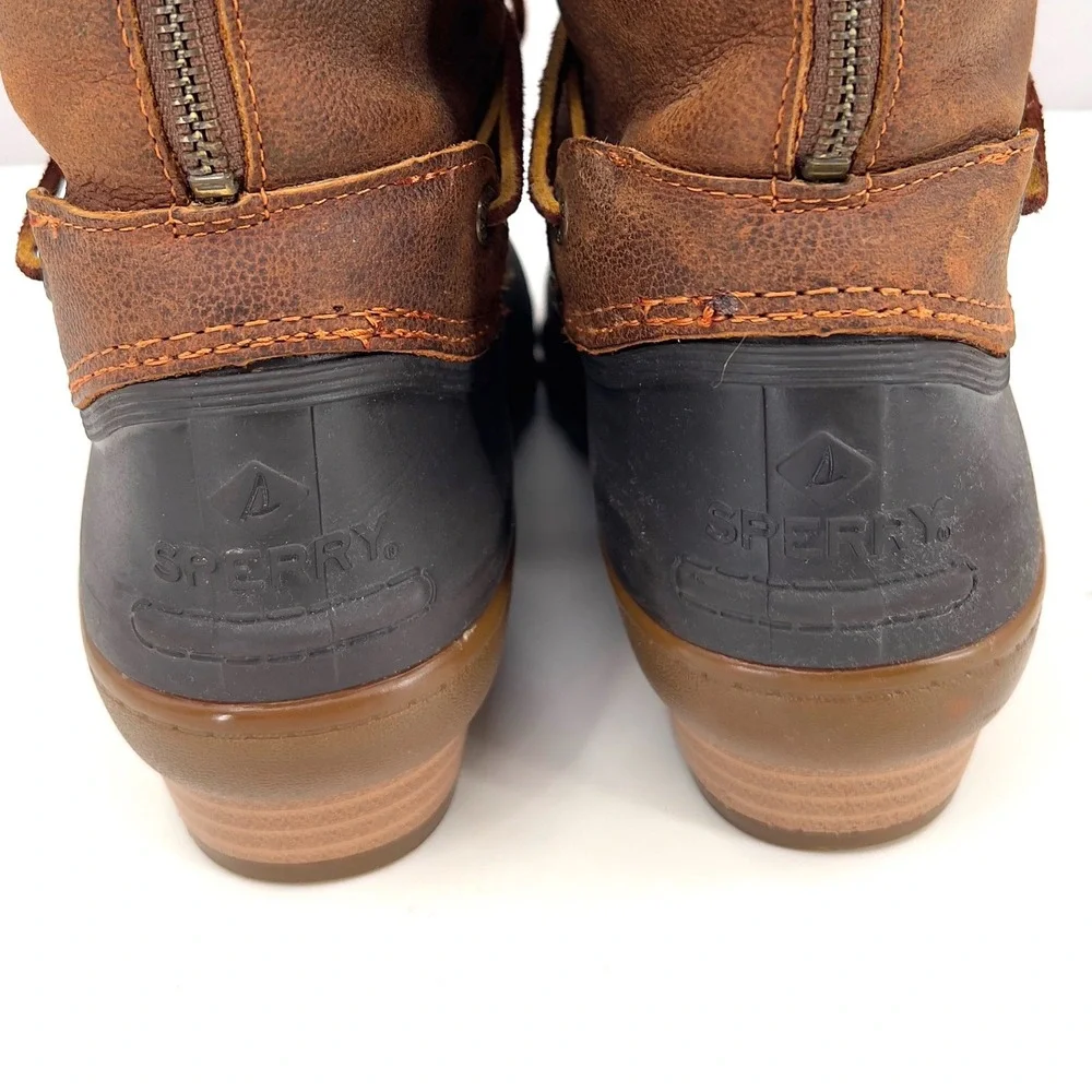 Sperry Saltwater Wedge Womens Duck Boot Tan Brown Leather Rubber Zip‎ 9.5